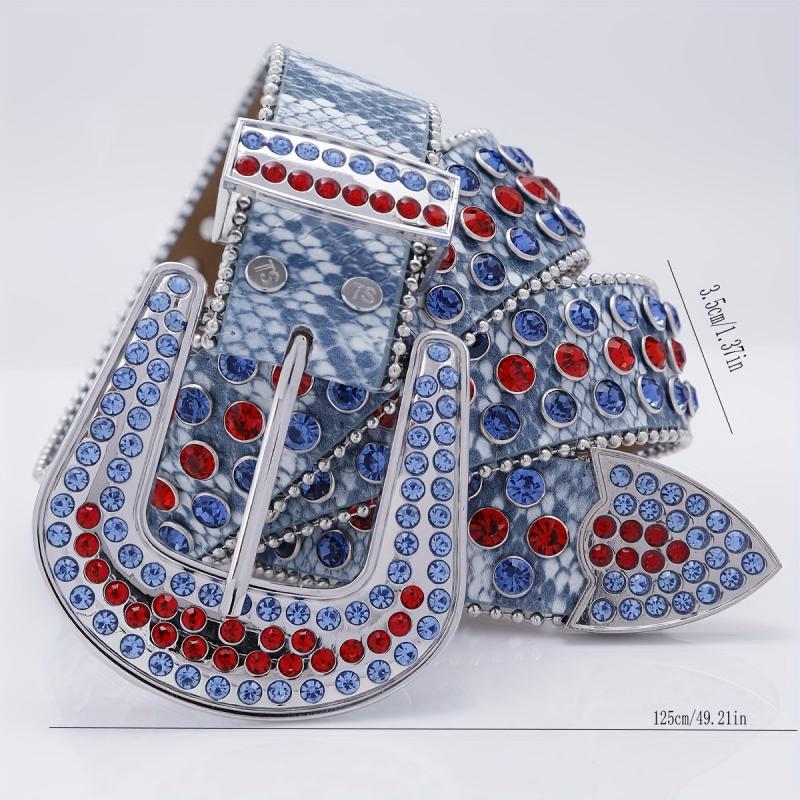 Punk Rock Wide Leather Belt with Rhinestone Inlay