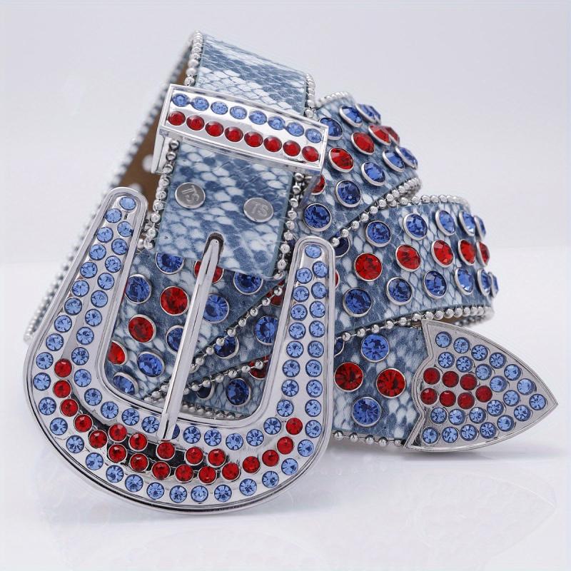Punk Rock Wide Leather Belt with Rhinestone Inlay