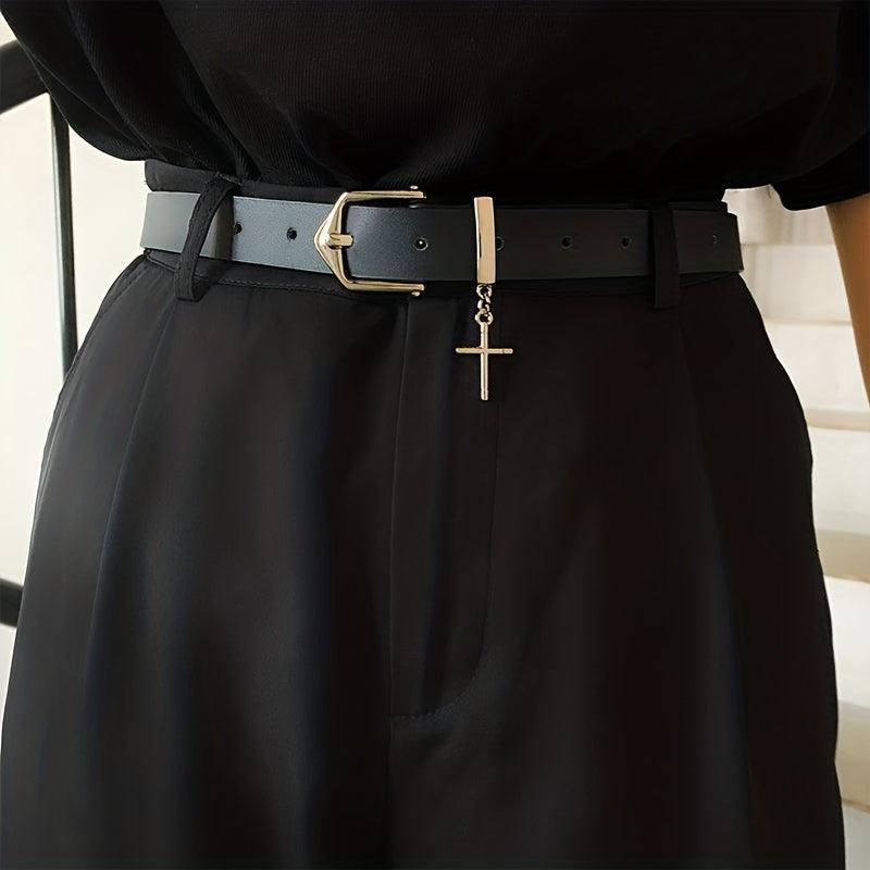 Men's Leather Belt with Cross Decoration for Jeans