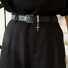 Men's Leather Belt with Cross Decoration for Jeans