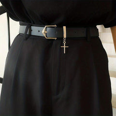 Men's Leather Belt with Cross Decoration for Jeans