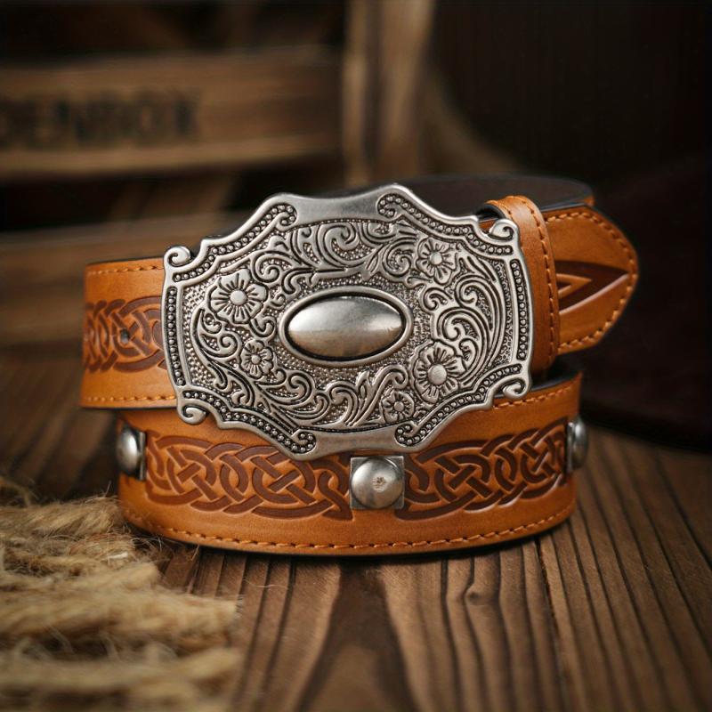 Vintage Pattern Buckle PU Leather Belt for Men