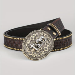Dark Brown Men's Vintage Western Cowboy PU Leather Belt
