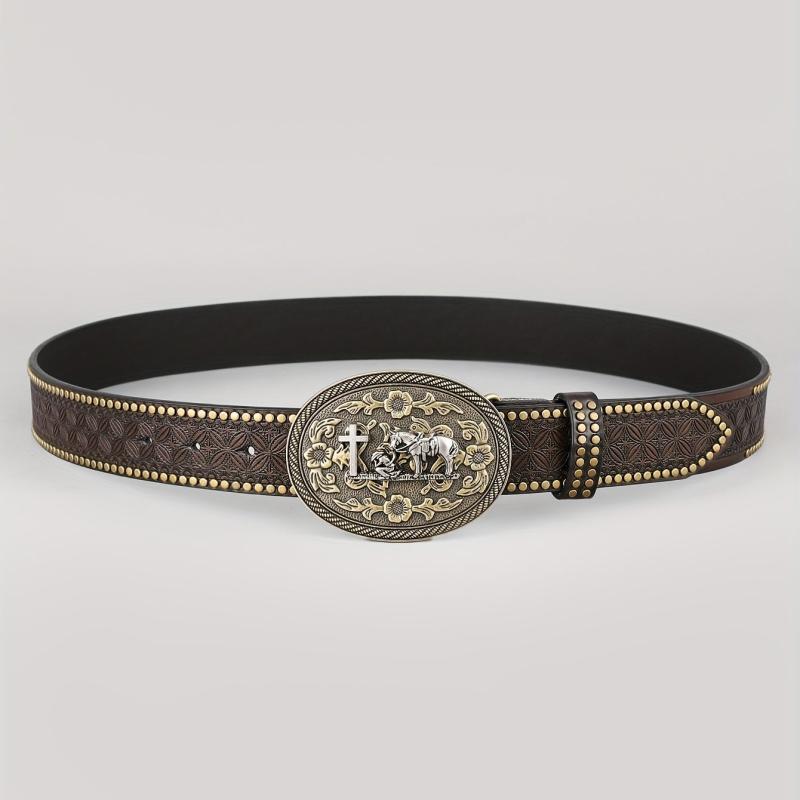 Dark Brown Men's Vintage Western Cowboy PU Leather Belt