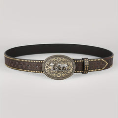 Dark Brown Men's Vintage Western Cowboy PU Leather Belt