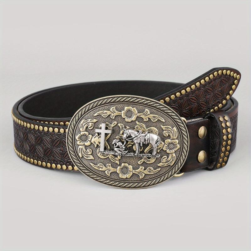 Dark Brown Men's Vintage Western Cowboy PU Leather Belt