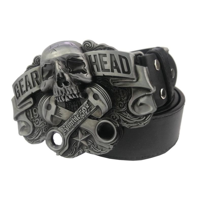 Men's Silver Skull Metal Belt Buckle with Leather Belt