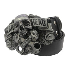 Men's Silver Skull Metal Belt Buckle with Leather Belt