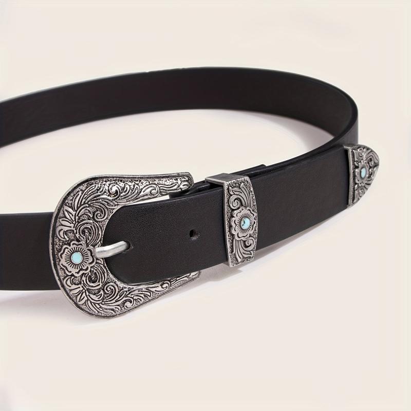 Western Turquoise Engraved Buckle Belt Vintage PU Leather Jeans Pants Belt