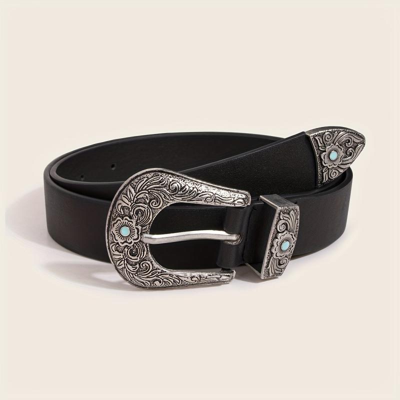 Western Turquoise Engraved Buckle Belt Vintage PU Leather Jeans Pants Belt