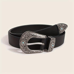 Western Turquoise Engraved Buckle Belt Vintage PU Leather Jeans Pants Belt