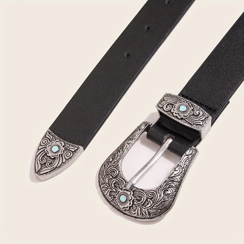 Western Turquoise Engraved Buckle Belt Vintage PU Leather Jeans Pants Belt