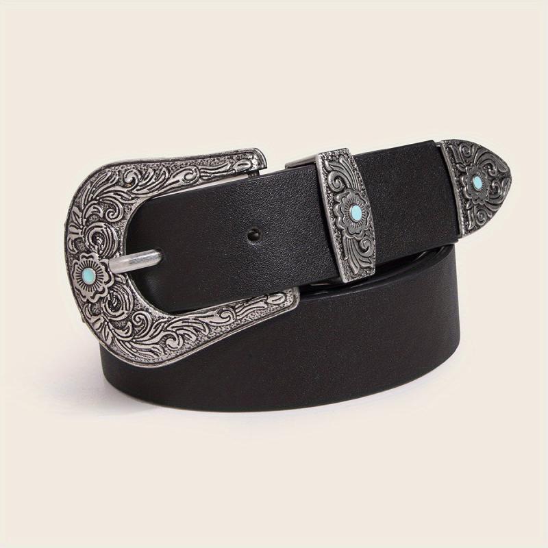 Western Turquoise Engraved Buckle Belt Vintage PU Leather Jeans Pants Belt