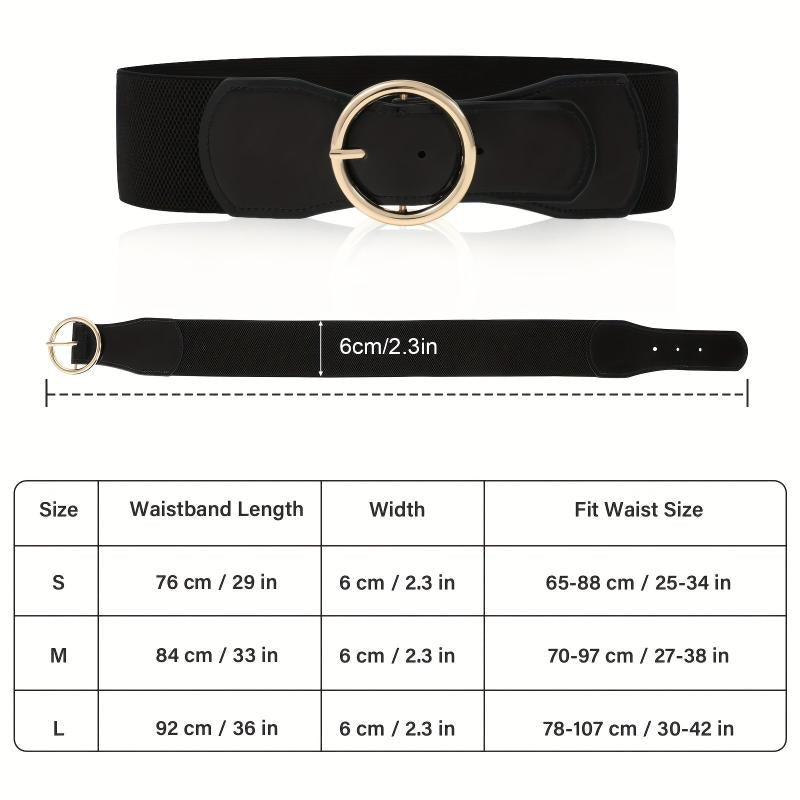 Wide PU Belt with Round Buckle Elastic Waistband