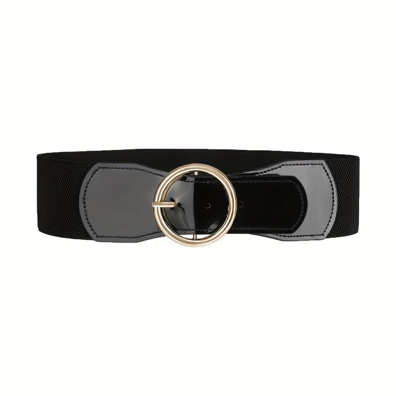 Wide PU Belt with Round Buckle Elastic Waistband
