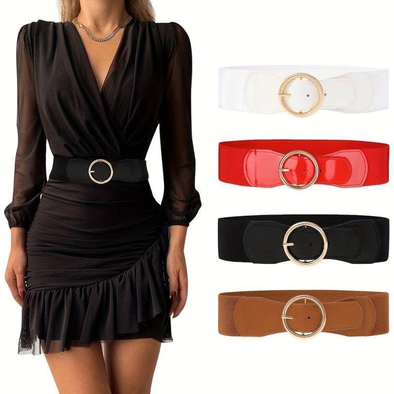 Wide PU Belt with Round Buckle Elastic Waistband