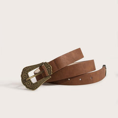 Vintage Western Belt Women Cowgirl PU Leather Waist Belts Carved Buckle