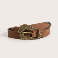 Vintage Western Belt Women Cowgirl PU Leather Waist Belts Carved Buckle