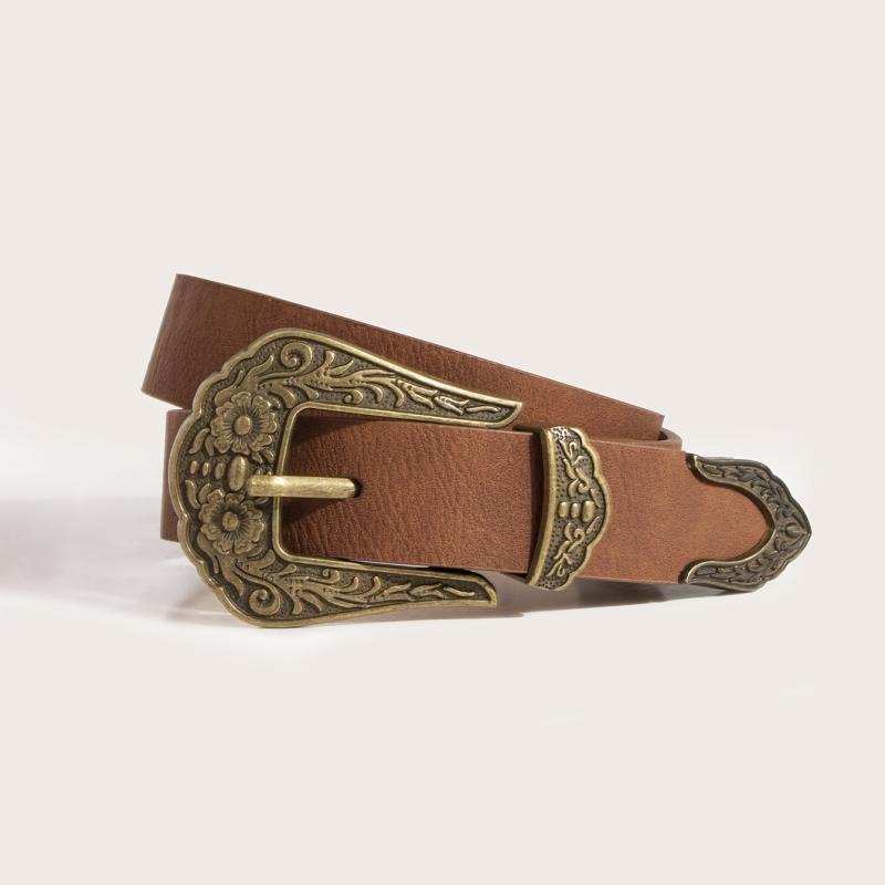 Vintage Western Belt Women Cowgirl PU Leather Waist Belts Carved Buckle