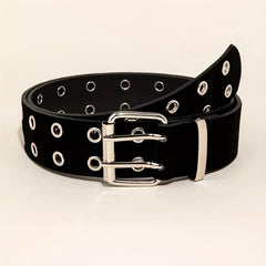 Double Pin Metal Buckle Belt Vintage Punk Waist Belt Hip Hop PU Leather