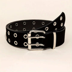 Double Pin Metal Buckle Belt Vintage Punk Waist Belt Hip Hop PU Leather