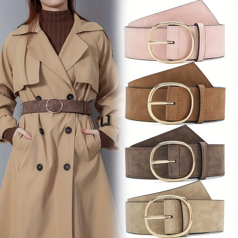 Oval Pin Buckle Wide Belt Vintage Women Coat Dress Belts PU
