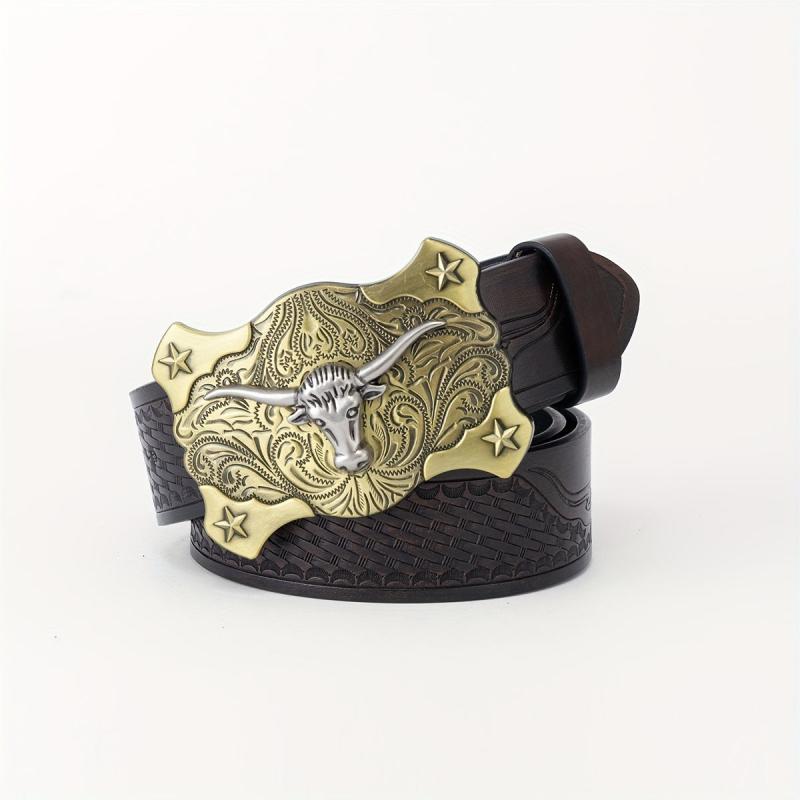 Long Horn Leather Belt Plaid Cattle Pattern Western Vintage
