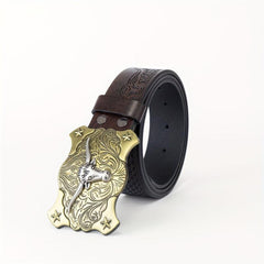 Long Horn Leather Belt Plaid Cattle Pattern Western Vintage