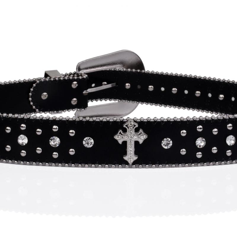 Rivet Belt Engraved Buckle Rhinestone PU Belt