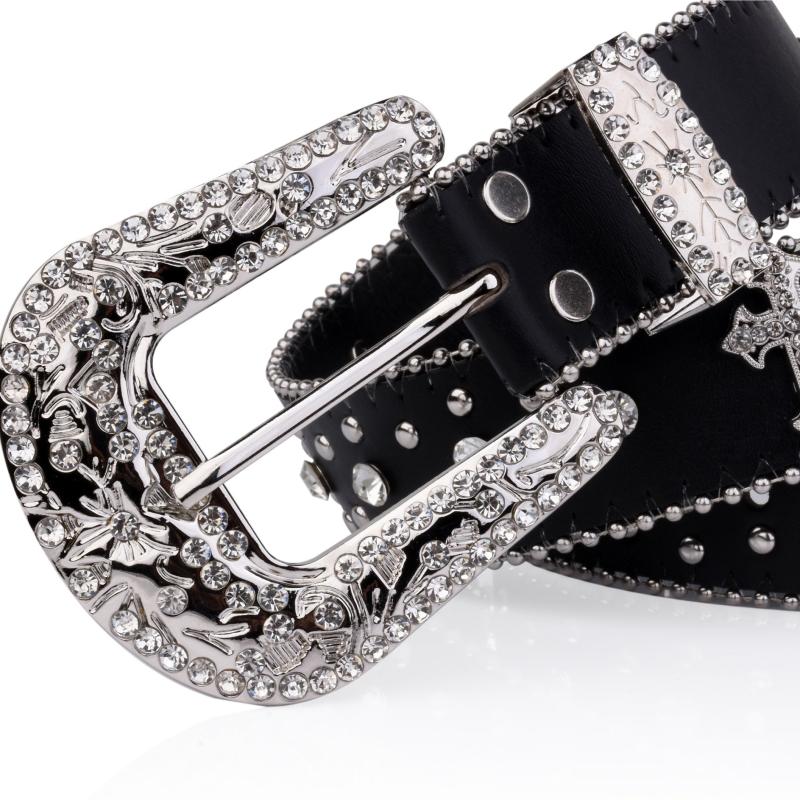 Rivet Belt Engraved Buckle Rhinestone PU Belt