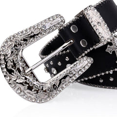 Rivet Belt Engraved Buckle Rhinestone PU Belt