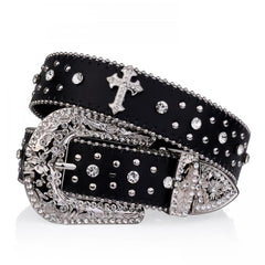 Rivet Belt Engraved Buckle Rhinestone PU Belt
