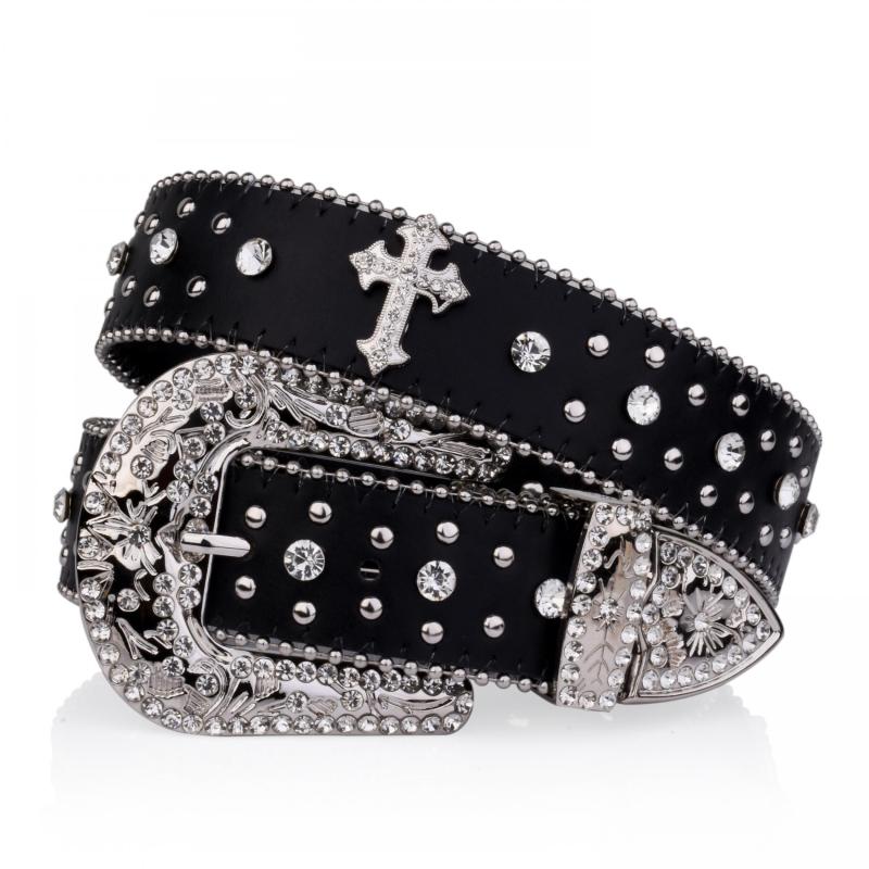 Rivet Belt Engraved Buckle Rhinestone PU Belt
