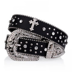 Rivet Belt Engraved Buckle Rhinestone PU Belt
