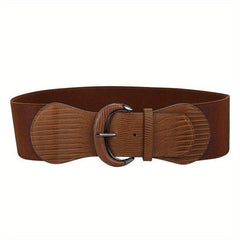 Vintage PU Leather Oval Buckle Elastic Belt for Women