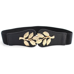 Metal Leaf Decoration Thin Elastic Waist Belt For Women