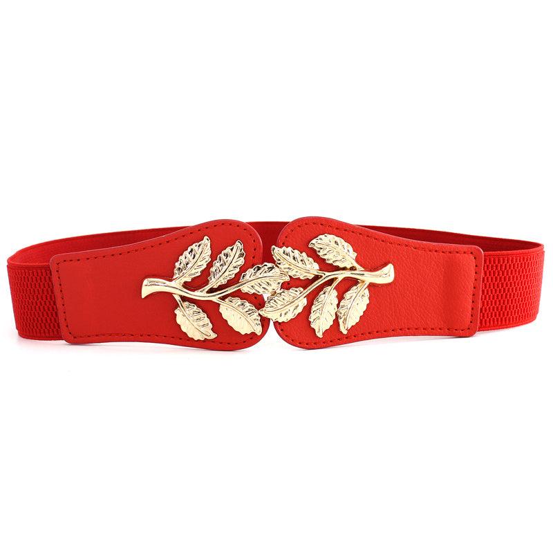 Metal Leaf Decoration Thin Elastic Waist Belt For Women