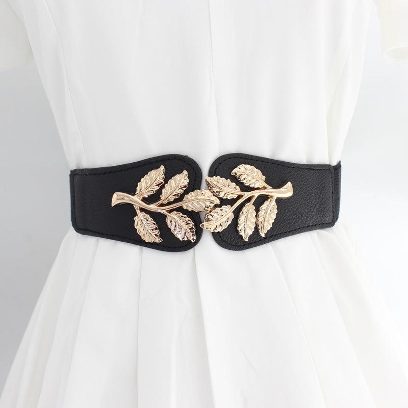 Metal Leaf Decoration Thin Elastic Waist Belt For Women