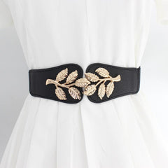 Metal Leaf Decoration Thin Elastic Waist Belt For Women