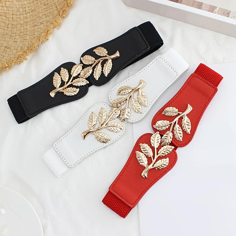 Metal Leaf Decoration Thin Elastic Waist Belt For Women