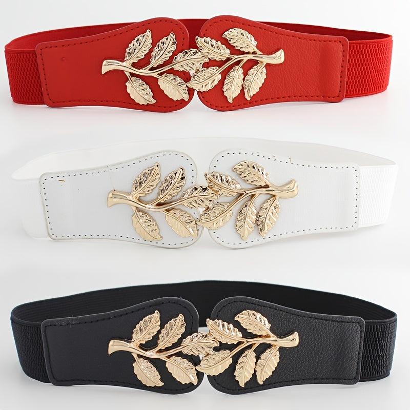 Metal Leaf Decoration Thin Elastic Waist Belt For Women