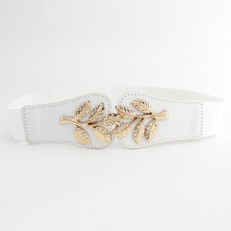 Metal Leaf Decoration Thin Elastic Waist Belt For Women