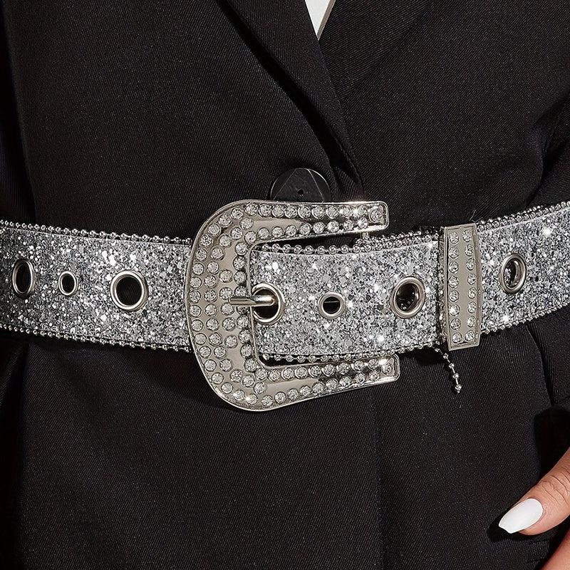 Sequin Glitter Rhinestone Eyelet Belt for Women