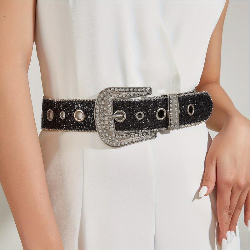 Sequin Glitter Rhinestone Eyelet Belt for Women