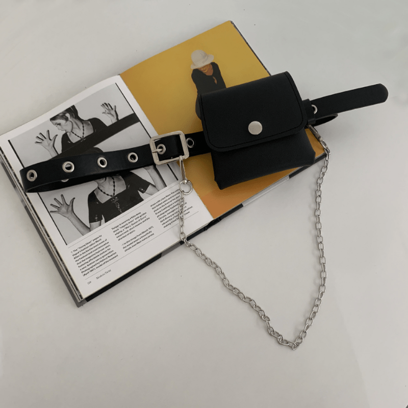 Eyelet Pin Buckle Belt With Waist Bag Detachable Purse Chain Girdle