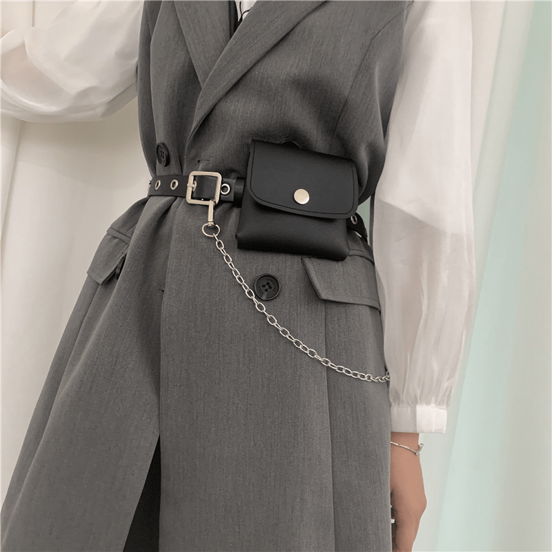 Eyelet Pin Buckle Belt With Waist Bag Detachable Purse Chain Girdle