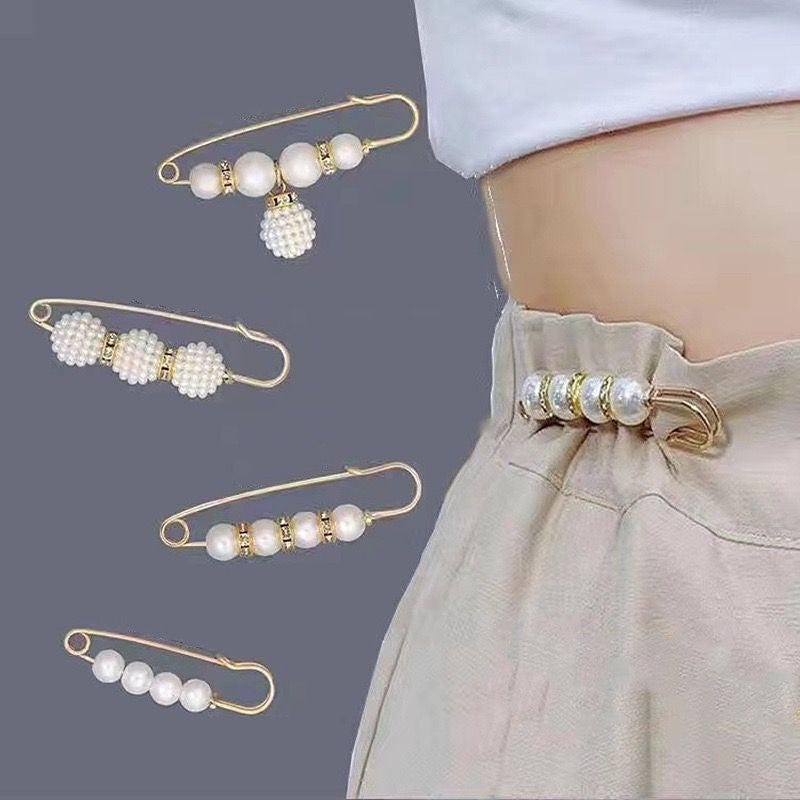 4pcs Faux Pearl Waist Brooch Pins Sweater Shawl Clips Women Jeans Dress Collar