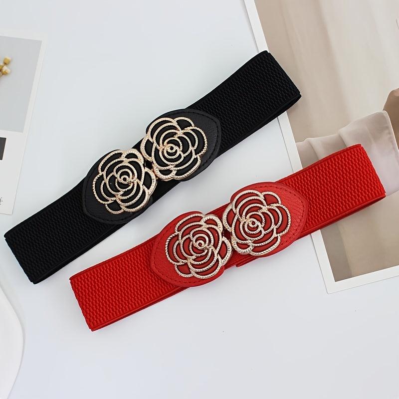 Vintage Stretch Waist Belt Women Dress Waistband Metal Leaf Buckle