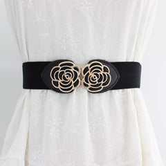 Vintage Stretch Waist Belt Women Dress Waistband Metal Leaf Buckle