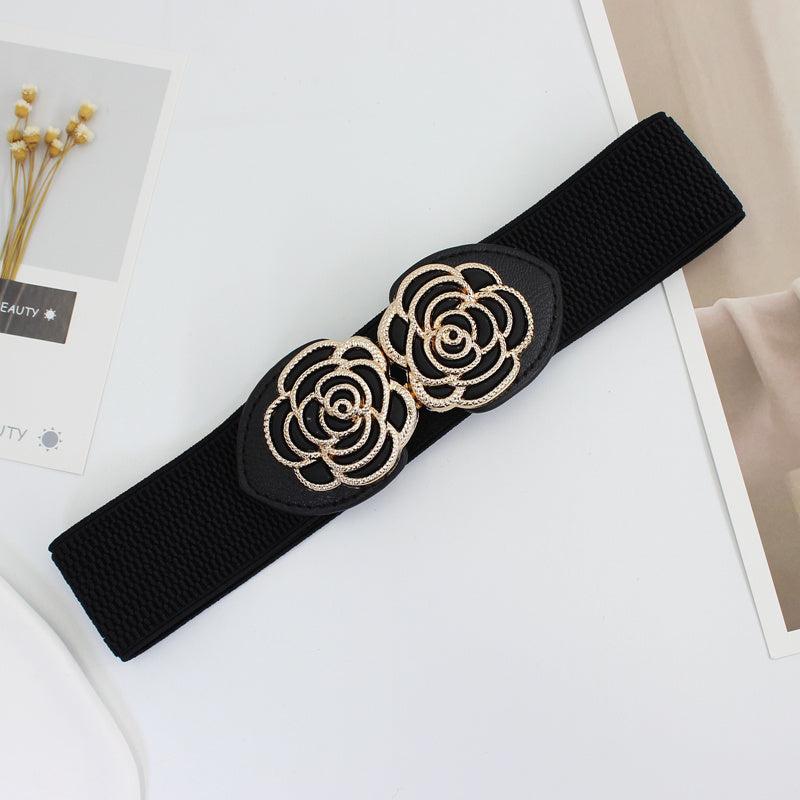 Vintage Stretch Waist Belt Women Dress Waistband Metal Leaf Buckle